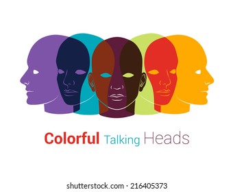 Human heads silhouettes. Group of people talking, working together. Concept illustration