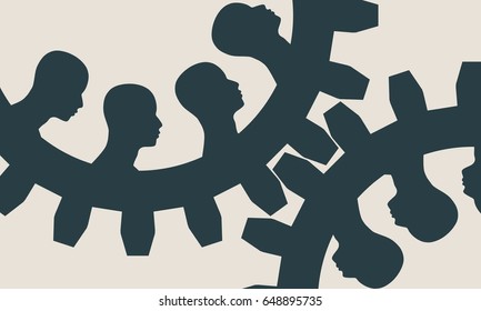 Human heads silhouettes on the Mechanism of Gears. Communication Concept in Industrial Design. Modern brochure design template.