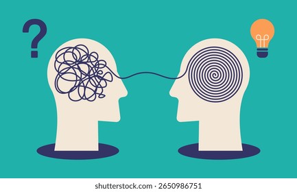 Cabeças humanas com transtorno de caos emaranhado se transformam em ordem. Mês da Conscientização sobre a Saúde Mental. Psicólogo, treinador, mentor encontrando solução para o problema. Ilustração vetorial