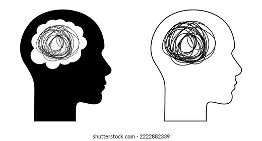 Human heads with tangled line inside. Flat and line art style. Concept of mental disorder, finding solution, chaotic thinking process and depression
