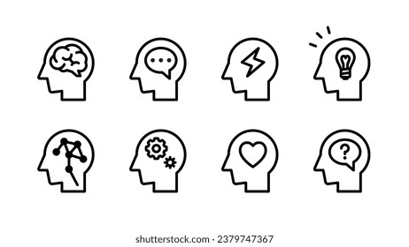 human heads with various brains icon set