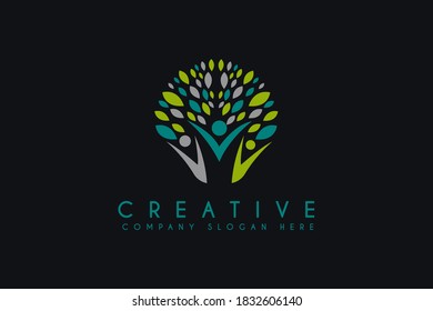 Human health fit logo design vector illustration. Human with leaf nature logo isolated on black background