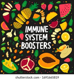 Human Health Immune Boost System Boosters - vector illustration, cartoon doodle hand drawn flat style. Pomegranate, water-melon, pine-apple, papaya, lemon, ginger, turmeric, broccoli, chichen soup, sp
