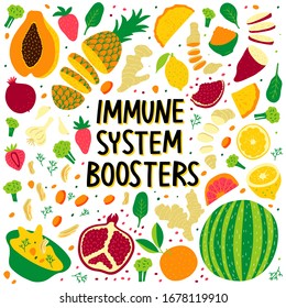Human Health Immune System Boosters - vector illustration, cartoon doodle hand drawn flat style. Pomegranate, water-melon, pine-apple, papaya, lemon, ginger, turmeric, broccoli, chichen soup, spinach.