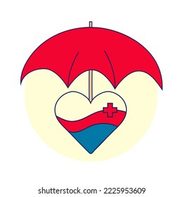 Human health insurance service. Illustration of a heart with waves under an open red umbrella. Red Cross Hospital. Vector illustration