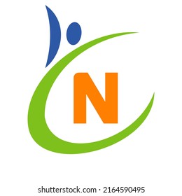 Human Health Logo On Letter N. Letter N Health Care Logo. Bio Sign Medical Logotype Template Vector