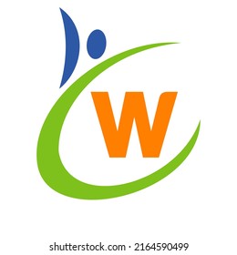 Human Health Logo On Letter W. Letter W Health Care Logo. Bio Sign Medical Logotype Template Vector