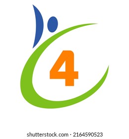 Human Health Logo On Letter 4. Letter 4 Health Care Logo. Bio Sign Medical Logotype Template Vector
