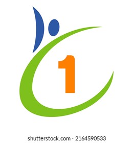 Human Health Logo On Letter 1. Letter 1 Health Care Logo. Bio Sign Medical Logotype Template Vector