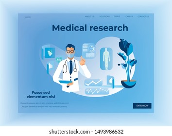 Human Health Medical Research Design Landing Page. Application for Data Systematization and Analysis. Flat Cartoon Man Scientist in Laboratory Builds Virtual Graphics. Vector Illustration