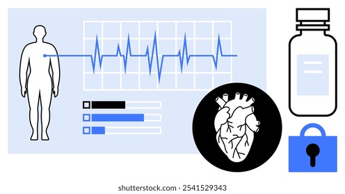 Überwachung der menschlichen Gesundheit mit Elementen wie Herzschlagkarte, menschliche Silhouette, Herz, Medikamentenflasche und Schloss-Symbol. Ideal für medizinische Forschung, Gesundheitswesen, Kardiologie, Gesundheitstechnologie, Patientenversorgung