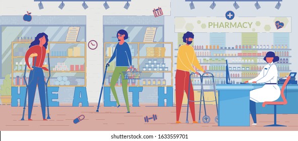 Human Health Problem Treatment Word Concept Banner. Pharmacy Customers Buying Medication Cartoon Characters. Disabled Individual, Blind Patient in Drugstore. Woman with Crutches Choosing Pills