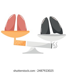 human, healthy and diseased lungs lying on scales in the shape of a cigarette, symbolizing choice, lung cancer day icon