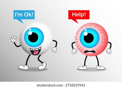 Ojo humano sano y con conjuntivitis. Síndrome del ojo seco, anatomía, salud y alergias. Ilustración vectorial plana