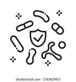 Human healthy intestinal microflora black line icon. Microscopic bacterias in Intestine. Sign for web page, mobile app, button, logo. Vector isolated element. Editable stroke.