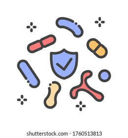 Human healthy intestinal microflora color line icon. Microscopic bacterias in Intestine. Sign for web page, mobile app, button, logo. Vector isolated element. Editable stroke.