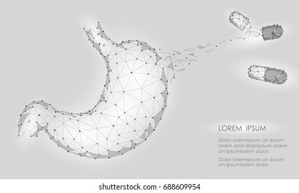 Human healthy medicine drug treatment stomach. Internal digestion organ. Low poly connected dots gray white triangle future technology design background vector medicine illustration