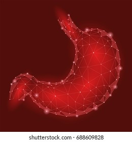 Human healthy stomach. Internal digestion organ. Low poly connected dots red triangle future technology design background vector medicine illustration