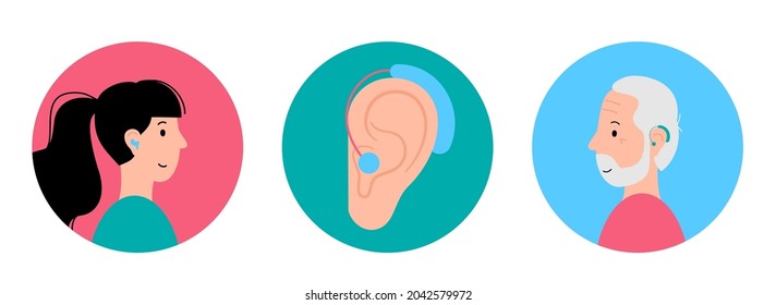 Human hearing aid icon. Man and woman characters are happy to hear with hearing device. Ear sound receiver technology. Hearing loss problem concept. Deafness diseases isolated flat vector illustration