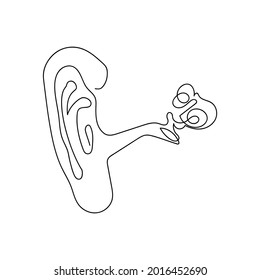 Human hearing organ one line art. Continuous line drawing of human, internal, organs, ear, hearing organ, auricle, structure of the ear, inner ear, ear canal, eardrum.