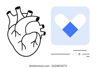 Human heart anatomical sketch next to blue and white geometric heart icon. Ideal for healthcare, cardiology, medical technology, wellness, digital health, app development, biotechnology themes. Line