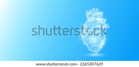 Human heart anatomy form line triangles connecting on blue background. Futuristic glowing organ hologram translucent white and copy space for text. Medical anatomical concept. Modern design vector.