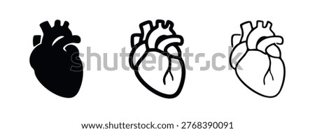Human Heart Anatomy Icons Set. Circulatory System Organ in Solid and Outline Styles.
