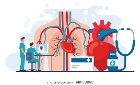 Human Heart Anatomy. Medical Science Vector Illustration. Doctor Check Up And Drugs Graphic Landing Page