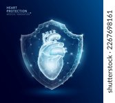 Human heart anatomy organ translucent low poly triangle inside shield futuristic glowing. On dark blue background. Immunity protection medical innovation concept. Vector EPS10.