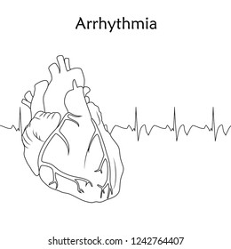Coração humano. Arritmia. Ilustração plana de anatomia. Imagem do contorno, fundo branco. Batimento cardíaco, pulso.