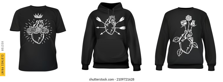 Human heart art print. Set realistic t-shirt, sweatshirt, hoodie base cloth isolated on simple background. Mockup for branding man or woman fashion. Design casual template. 3d vector illustration.