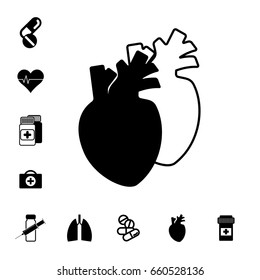 Human Heart with Arteries and Set of Pills Vector Icon Isolated. Pharmacy Symbols Collection