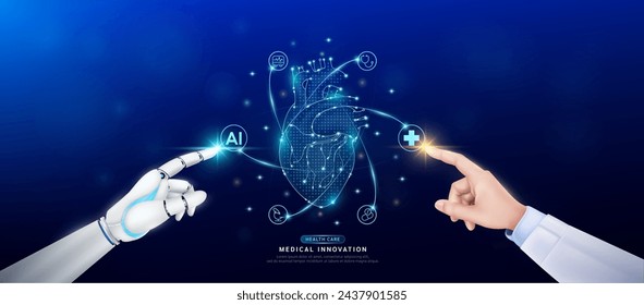 Human heart in atom. Doctor and robot finger touching icon AI cross symbol. Health care too artificial intelligence cyborg or technology innovation science medical futuristic. Banner vector EPS10.