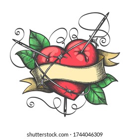 Human Heart with blank ribbon for your text pierced by needles. Love theme Colorful tattoo. Vector illustration.