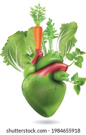 The human heart and blood vessels that make up vegetables .illustration style
