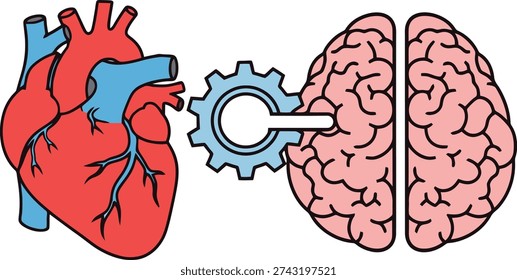 Human heart and brain connected by a cogwheel, symbolizing the interplay between emotion and logic in decision-making