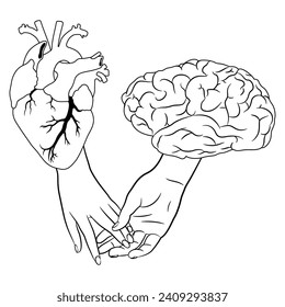 Human heart and brain holding hands. Creative concept. Union between control and emotions. Black and white linear silhouette.