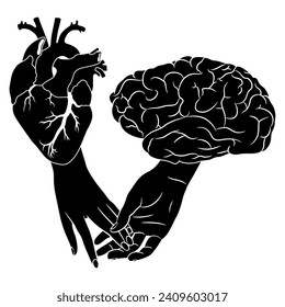 Human heart and brain holding hands. Creative concept. Union between control and emotions. Black and white silhouette.