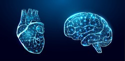 Human Heart And Brain. Wireframe Low Poly Style. Abstract Modern 3d Vector Illustration On Dark Blue Background. 