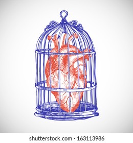 Human heart in a cage.  Vintage vector illustration.