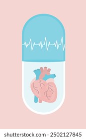 Human heart and capsule pills medications. heart health treatment drugs. Heart attack with heartbeat cardiogram graph line in giant pill capsule. Healthcare concept. flat vector illustration