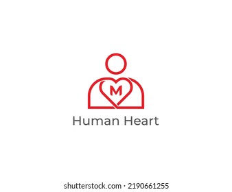 Símbolo del icono Concepto del logotipo de Human Heart Care Design Line Art Style con la letra M. Love, Logotipo de atención médica. Plantilla de logotipo de ilustración de vector