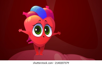 Human Heart Cartoon Character. Cute Internal Organ, Funny Personage Of Cardiological System With Kawaii Face Waving Hands Inside Of Rib Cage. Healthy Body, Anatomy For Kids, Vector Illustration