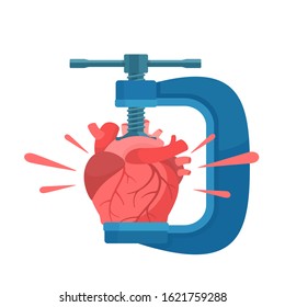 Human heart clamped in a vise, under pressure, heartache and stress. Heart attack, cardiac arrest. Medical vector illustration, flat design element. Isolated on white background.