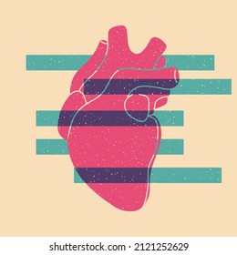 Human heart. Colorful cute screen printing effect. Riso print effect. Vector illustration. Graphic element  for fabric, textile, clothing, wrapping paper, wallpaper, poster.