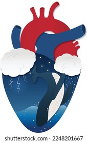 Human heart concept illustration, whale, ocean and clouds on a stormy night. 