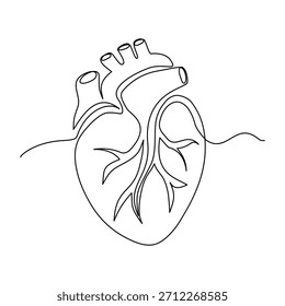 Corazón humano en dibujo continuo de una línea. Ilustración anatómica del órgano del corazón humano