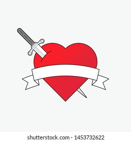 Human heart with dagger and ribbon. Vector illustration isolated on white background. Editable strokes