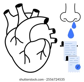 Human heart drawing, nose dripping a blue droplet, and two medical documents with checks. Ideal for healthcare, anatomy studies, medical education, biology teaching, awareness campaigns. Simple