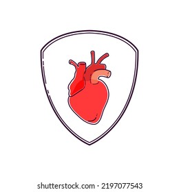 The human heart is drawn in red, outlined with a blue line. Around the silhouette of the shield. Protection of the heart.